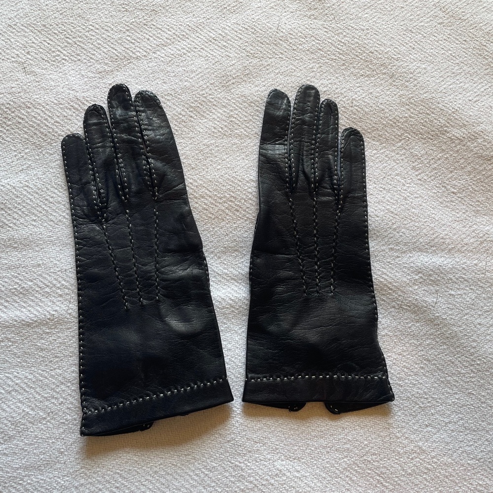 Vintage Kid Leather Black Gloves w/ White Stitch